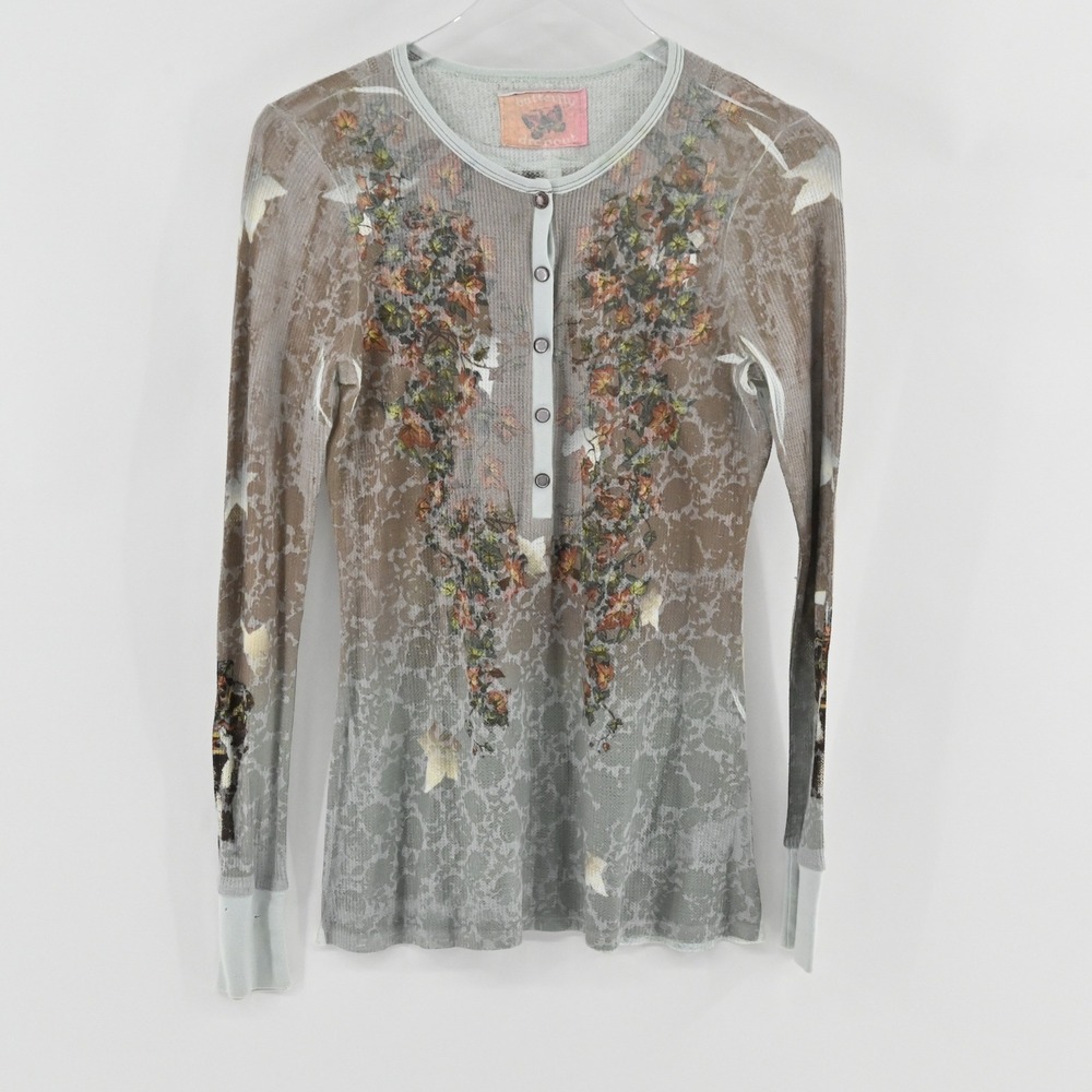 Butterfly Dropout Henley Top Womens Size L Gray Graphic Y2K Vintage Waffle Knit